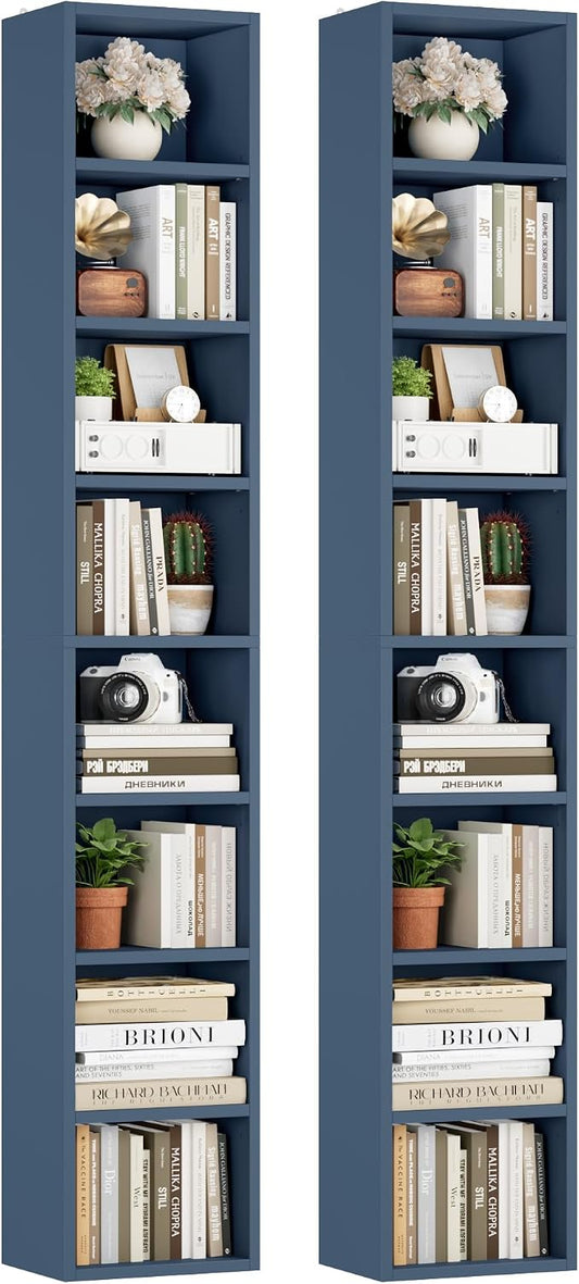 FOTOSOK 2 Pcs 71'' Tall Narrow Bookshelf, 8-Tier Media Tower Rack Set of 2, CD DVD Storage Cabinet with Adjustable Shelves, Tall Narrow Bookcase Skinny Display Bookshelf Slim Shelf, Blue