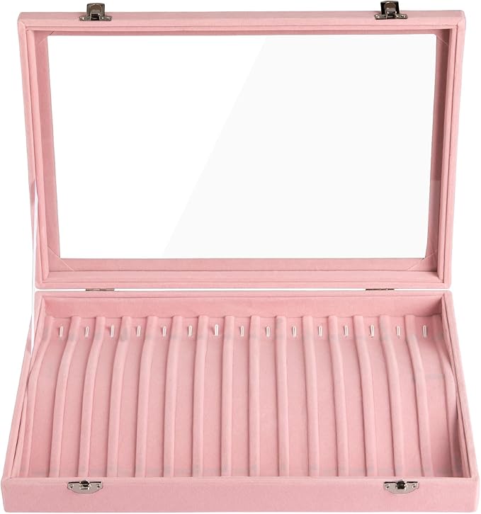 Frebeauty 15 Hooks Necklace Tray Velvet Neckalce Organizer with Clear Lid Lockable Necklace Holder Box Jewelry Organizer for Pendants Chains Necklace Jeweley Tray for Women Girls(Pink)