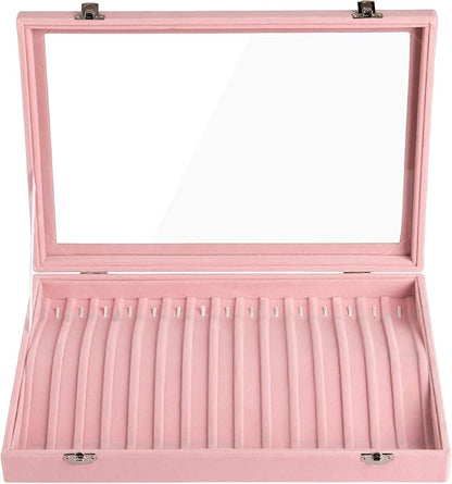 Frebeauty 15 Hooks Necklace Tray Velvet Neckalce Organizer with Clear Lid Lockable Necklace Holder Box Jewelry Organizer for Pendants Chains Necklace Jeweley Tray for Women Girls(Pink)