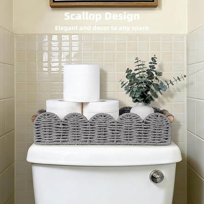 CubesLand Bathroom Basket Organizer w/Cut Out Handle, Back of Toilet Paper Storage Baskets Tray for Bathroom Countertop Decorative, Scalloped Wicker Basket Also for Home Decor, Living Room, Grey
