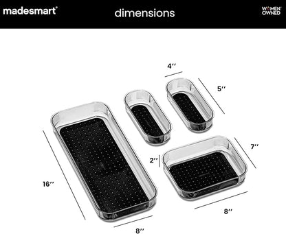 madesmart Premium 4 Piece Clear Storage Bin Set, Modular Drawer Organizers for Office, Kitchen, Bathroom & Home, Soft Grip Lining, Non Slip Base, Durable Plastic, Carbon