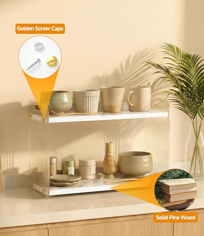 2 Tier Coffee Station Organizer - Acrylic & Pine Wood coffee bar shelf, Easy-to-Clean matcha station for Kitchen Countertops, for Placing Mugs, Coffee Beans, Syrup etc.(15.75" x6.18" x 9.37") - White
