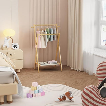 Kids Clothing Rack, Small Clothes Rack for Toddler Pets, Kids Dress Up Rack with Storage Shelf & Double Rods, Foldable Kids Clothes Rack for Nursery Child's Room (Small Size)