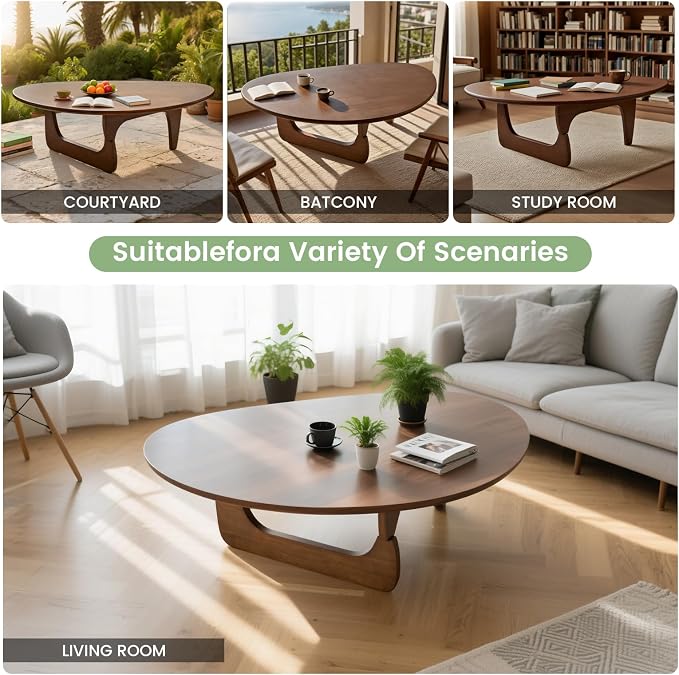 Modern Triangle Coffee Table: Unique Funky Soild Wood Coffee Tables for Living Room, Wooden Oval Mid-Century Modern Abstract Tea Tables for Patio Office Balcony (Walnut, 33" L x 22" W x 16" H)