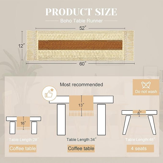 FEXIA Boho Table Runner 60 Inches Long Macrame Summer Decor Coffee Table Cover Farmhouse Stylewith Tassels for Party Bohemian Rustic Wedding Bridal Shower Dining Room Middle Brown (12x60 Inches)