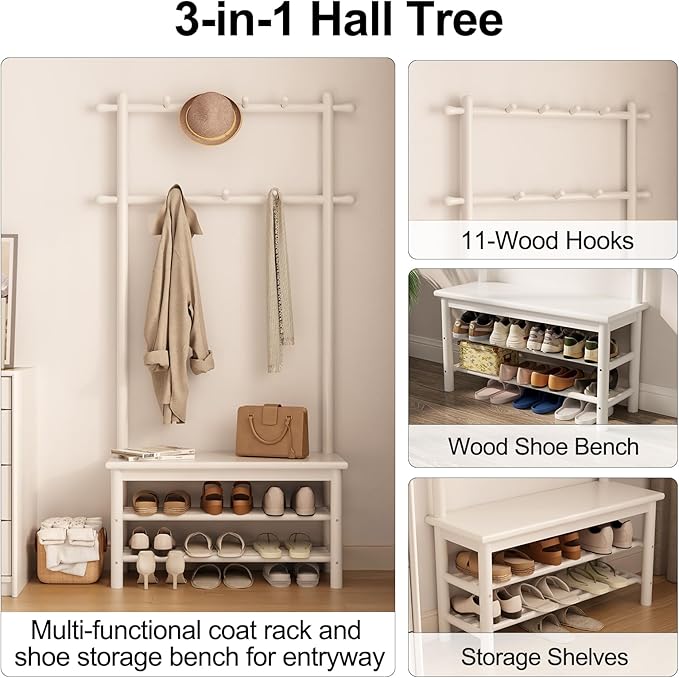 AQIMUELE Coat Rack with Shoe Storage, Wooden Hall Tree with Bench, 11 Hooks and 2-Tier Storage Shelves, 3-in-1, Entryway Bench with Coat Rack (31.5"-White)