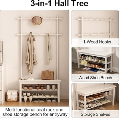 AQIMUELE Coat Rack with Shoe Storage, Wooden Hall Tree with Bench, 11 Hooks and 2-Tier Storage Shelves, 3-in-1, Entryway Bench with Coat Rack (31.5"-White)