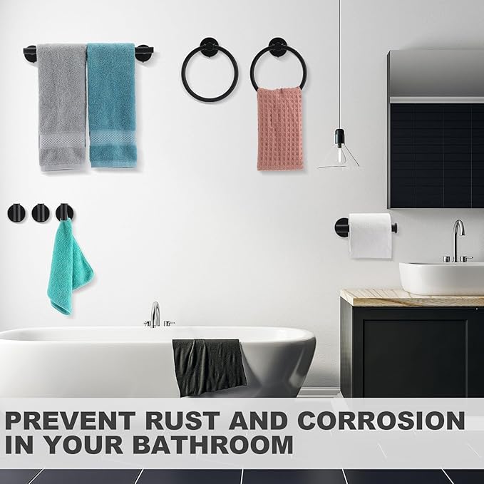 Blulu 20 Pcs Bathroom Hardware Set, Stainless Steel Towel Bar Set Includes 16 Inch Towel Bar, Hook, Ring, Toilet Paper Holder Wall Mounted Bathroom Accessories (Matte Black)
