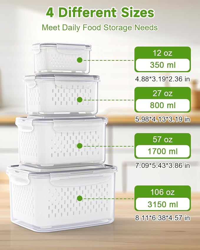 TBMAXS 4 Pack Food Storage Containers Fruit Containers for Fridge with Colander Airtight BPA Free Plastic Berry Keeper Container Produce Saver Vegetables Keep Fresh