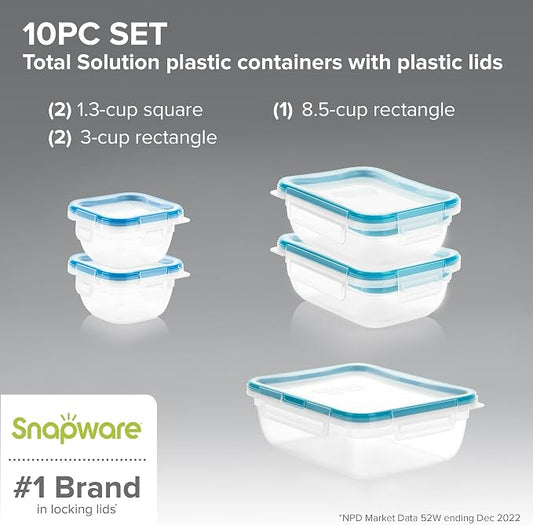 Snapware Plastic Total Solution 5-Pack (Mixed Sizes) Food Storage Containers Set, Leakproof & Airtight Plastic Locking Lids Rectangular Tupperware, BPA-Free Lids, Microwave Dishwasher Freezer Safe