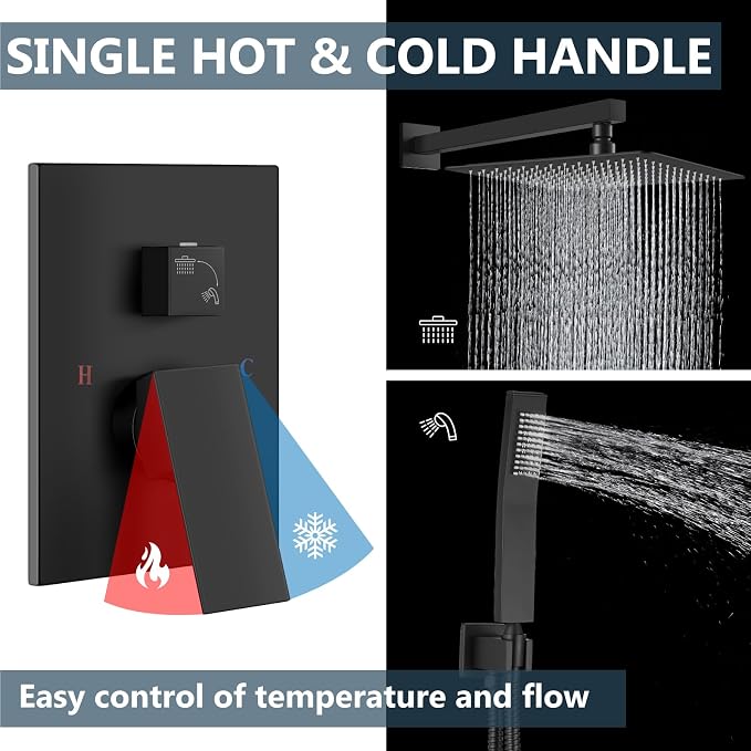 Aolemi Shower Faucet Set Rain Shower System with Handheld Spray Bathroom Shower Combo Rough-in Valve and Shower Trim Kit Included Matte Black 16 Inch Wall Mount Shower Head