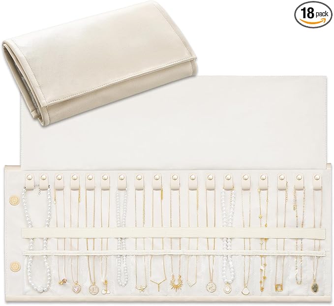 Lolalet Travel Necklace Organizer, Tangle-Free Necklace Case for Travel, Foldable Roll Up Jewelry Storage Bag for Necklaces Chains Bracelets, Beige, 18 Slots Holder