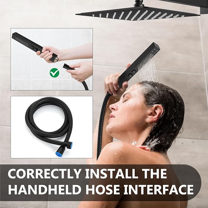 Shower Faucet Set Rainfall Shower System with Square Showerhead and Handle Set Fixture with 2 in 1 Function Handheld Sprayer Wall Mounted Trim Repair Kit Rough-in Valve 12 Inch Matte Black
