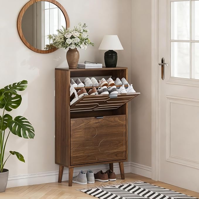 Shoe Cabinet Storage for Entryway with 2 Flip Drawers, Narrow Shoe Cabinet for Entryway, Hidden Slim Shoe Organizer Rack Cabinet (Brown, 23.6" W)