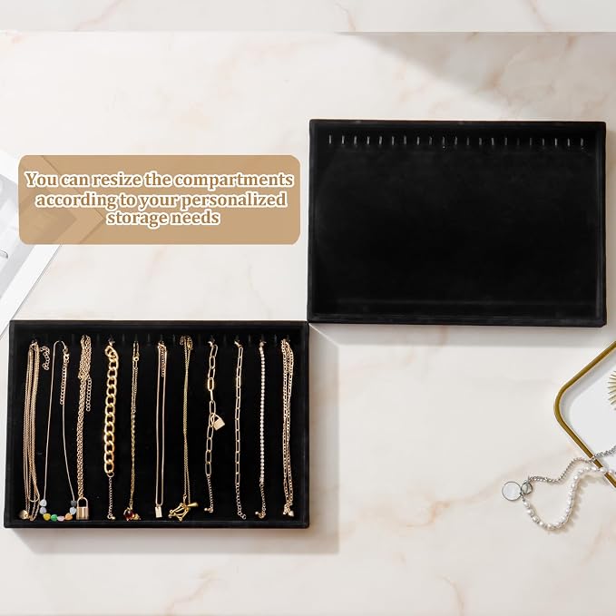 Large Velvet Jewelry Tray 2 Pack Stackable Jewelry Display Drawer Inserts Trays Organizer for Earring Bracelet Necklace Ring (Black, 20 Hooks)