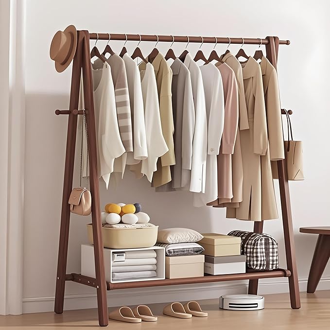 AETVRNI Wood Clothing Rack Coat Rack,Large Foldable Hanging Clothes,Stand Garment Rack with Storage Shelf,Clothing Storage,Home Organization,Natural Beech,for Bedroom Small Apartment Guest Room Laundr