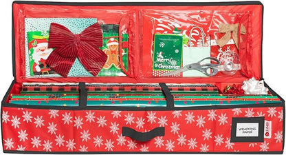 HOLDN' STORAGE Premium Wrapping Paper Storage Container - Durable 600D Tear-Proof, Fits 27 Rolls Gift Wrap, Extra Pockets for Ribbons & Bows, Underbed Storage - Ideal for Holiday Christmas, Red/White Snowflakes