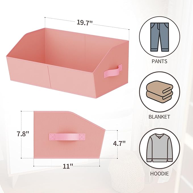 Homsorout Storage Bins for Shelves - Large Trapezoid Closet Shelf Organizer, Fabric Organization Bins with Handles, Storage Baskets for Clothes, Towel, Purse, 6 Pack, Pink