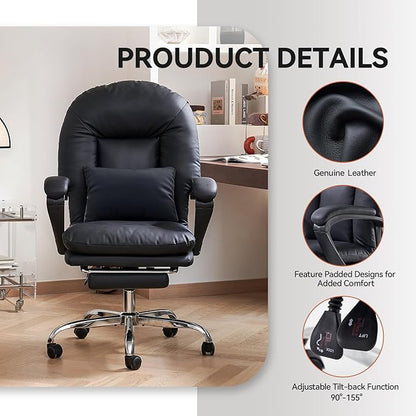EMIAH Office Chair with Foot Rest Criss Cross Chair with Wheels Ergonomic Reclining Executive Office Chair Mid Back Genuine Leather Swivel Computer Chairs Lumbar Support for Home Office (Black)