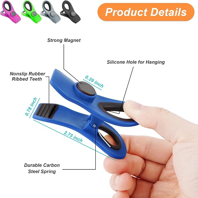 Jetmore 12 Pack Chip Clips, Bag Clips, Office Paper Clamps, Binder Clips, Food Clip Heavy Duty, Magnetic Clip for Food Storage, Snack, Fridge, Kitchen