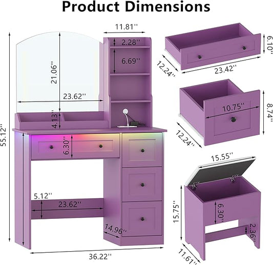 Vanity Desk with Mirror and Lights & Power Outlet, Makeup Vanity Set with Chair & RGB Ambient Light, Girls Vanity Dressing Table with 3 Lighting Modes & Adjustable Brightness for Bedroom, Purple