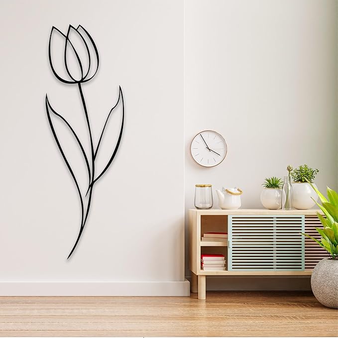 Minimalist Floral Metal Wall Art, Modern Tulip Design for Home Decor, Metal Flower Wall Sculpture for Living Room, Bedroom, or Office (24x8 inches)