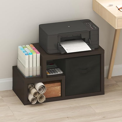 Furinno Viola Storage Shelf, 2-Tier Horizontal Display Rack with Drawer Bin, Extra Thick Frame Bookshelf, Open Back, for Organization, Living Room, Home Office, Black Dark Oak