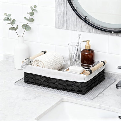 Baskets for Organizing, Set of 2 Black Paper Rope Bathroom Countertop Baskets with Liner, Woven Basket Organizer with Wooden Handles for Vanity, Counter, Shelf Storage