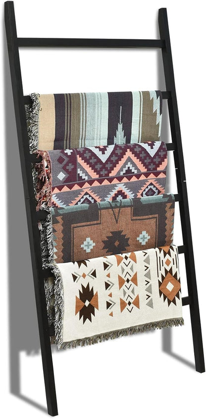FUIN Extra Wide 6.4ft Wooden Blanket Ladder Living Room Decorative Wal Leaning Farmhouse Quilt Display Holder Rustic Wood Towel Rack for Bathroom, Black, 38 inch Wide