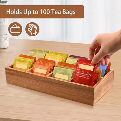 Acacia Wood Tea Bag Organizer with 8 Slots – Tea Bag Holder and Tea Organizer, Sugar Packet Storage for Countertops, Set Of Two