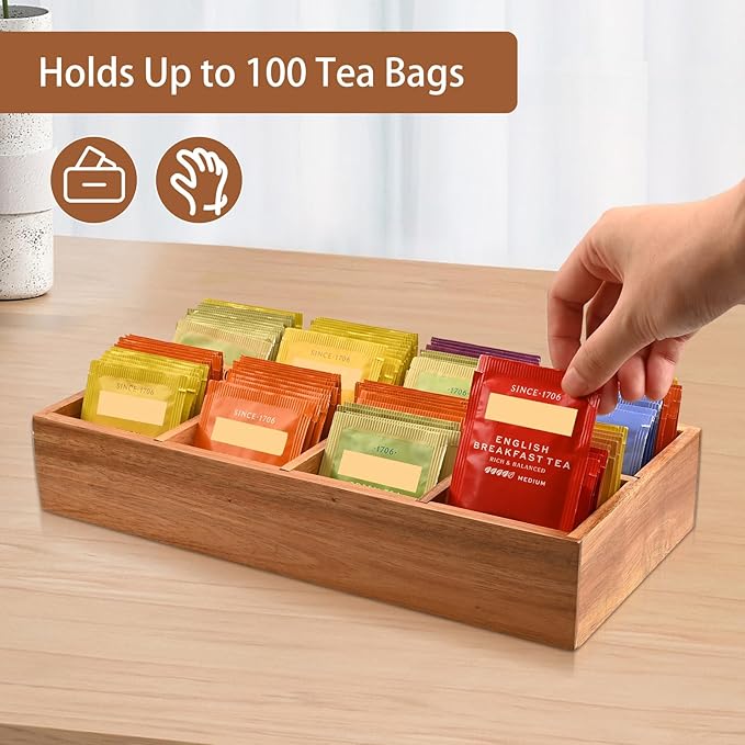 Acacia Wood Tea Bag Organizer with 8 Slots – Tea Bag Holder and Tea Organizer, Sugar Packet Storage for Countertops
