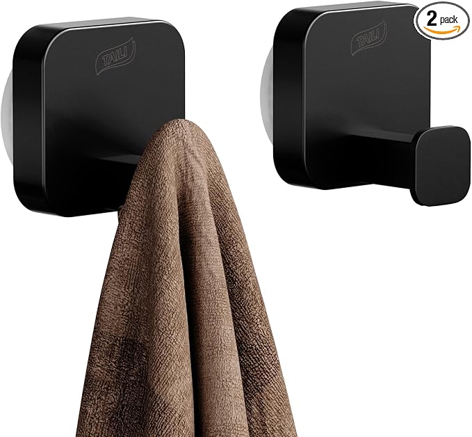 TAILI 304 Stainless Steel Bathroom Suction Hook for Towel, Loofah, Bathrobe, Patented Strong Suction Cup, Damage-Free Hanging Glass Shower Wall Hook, Hold Up to 11 Lbs, 2 Pack, Modern Square, Black