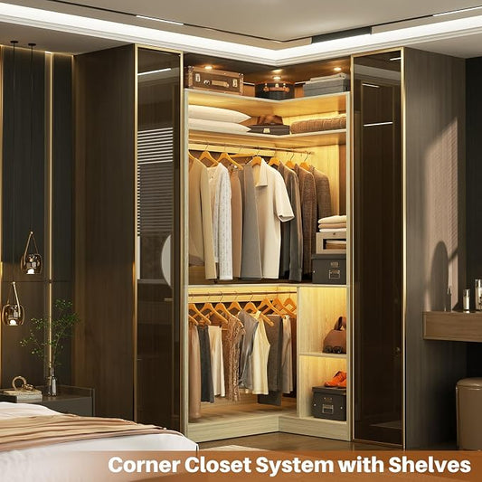 Aheaplus Corner Closet System with Shelves, 34’’ Closet Organizer System with Hanging Rods, Wood Walk-in Closets for Corner Small Space,Freestanding Corner Tower, L Shaped Garment Rack, White Oak
