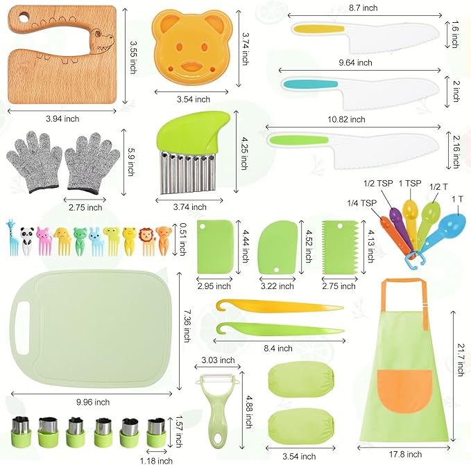 50PCS Kids Kitchen Cooking Set - Crocodile Wooden Kid Safe Knife Cutting Board Apron Gloves Fruit Vegetable Crinkle Cutters Peeler Serrated Edges Plastic Toddlers Knives, Kids Knifes for Real Cooking