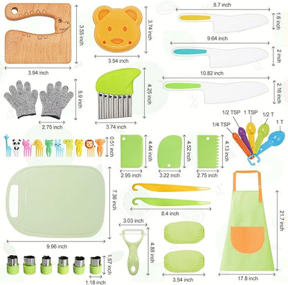 50PCS Kids Kitchen Cooking Set - Crocodile Wooden Kid Safe Knife Cutting Board Apron Gloves Fruit Vegetable Crinkle Cutters Peeler Serrated Edges Plastic Toddlers Knives, Kids Knifes for Real Cooking