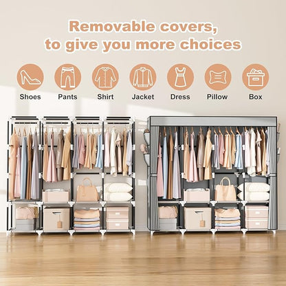 VTRIN Portable Closet for Hanging Clothes 67 Inch Wide Large Capacity Portable Wardrobe Closet with Cover, 4 Storage Shelves and 4 Hanging Rod Sturdy Free Standing Closet for Bedroom, Grey
