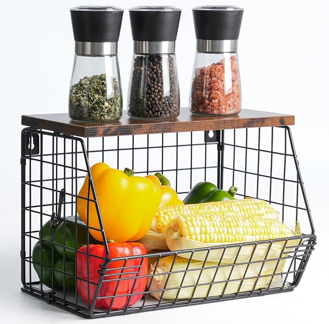 Fruit Bowl for Kitchen Counter Stackable Wall Mounted Hanging Basket Wire Basket with Wood Lid with Banana Hanger Hooks, Onion,Potato,Fruit and Vegetable Storage