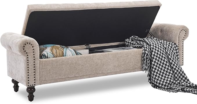 Storage Bench for Bedroom, 67" End of Bed Bench King Size, Upholstered Chenille Storage Ottoman with Tufted Cushioned Rolled Arm Large Storage Space for Living Room Entryway, Light Brown