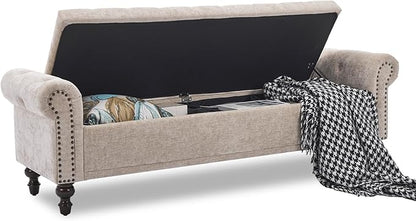 Storage Bench for Bedroom, 67" End of Bed Bench King Size, Upholstered Chenille Storage Ottoman with Tufted Cushioned Rolled Arm Large Storage Space for Living Room Entryway, Light Brown