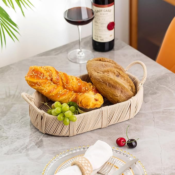 Hand-Woven Rattan-Style Storage Basket with Handles, Beige Oval Organizer Tray for Bathroom Kitchen Living Room | Fruit, Snack, Cosmetic & Toiletries Organizer | Decorative Multi-Purpose Basket