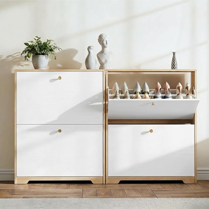 Nicetree Shoe Cabinet with 2 Flip Drawers, Narrow Shoe Organizer Cabinet, Freestanding Shoe Rack Cabinet, Modern Shoe Storage Cabinet for Entryway, Hallway, Foyer, Natural Oak and White with Hook