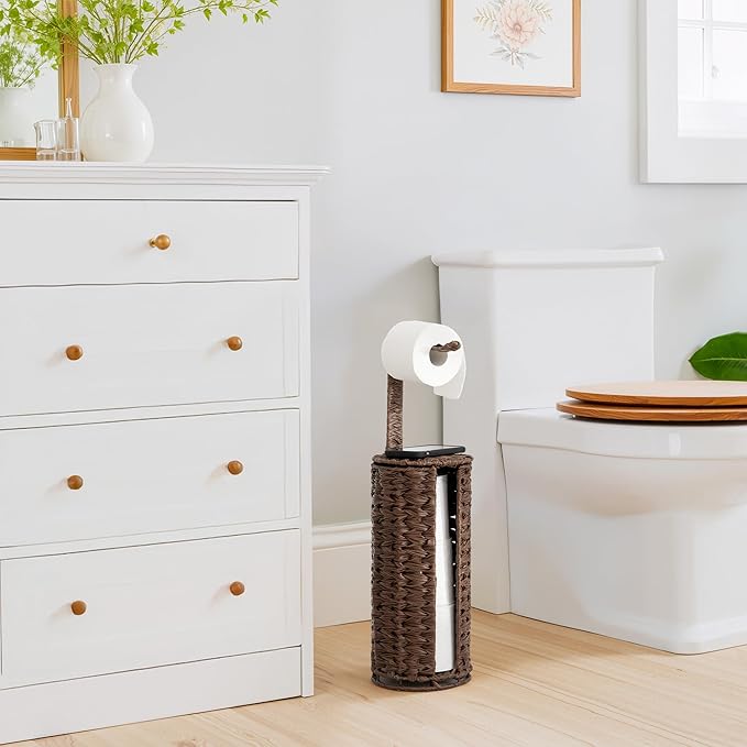 GRANNY SAYS Wicker Freestanding Toilet Paper Holder Stand with Storage, Modern Covered Toilet Paper Stand for 4 Rolls with Shelf for Wet Wipes, Tissue Holder for Bathroom Decor and RV, Brown