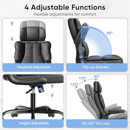 Executive Leather Office Chair, Computer Chair with Thick Cushion & Lumbar Support, Ergonomic Desk Chair with Adjustable Headrest & Armrests,Black