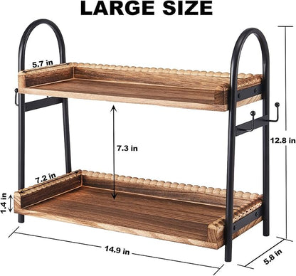 BDBDYEAY Coffee Bar Accessories, 2-Tier Coffee Bar Organizer with 4 Coffee Cup Holder Hooks, Mul-tifunctional Wooden Beaded Coffee Station Countertop Stand Shelf for Kitchen Home Office