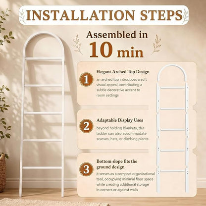 Sintuff Arched Blanket Ladder for Living Room, 5.5ft Wooden Blanket Rack, 5-Tier Natural Leaning Ladder Shelf for Farmhouse Bedroom Living Room Bathroom Decor(Arch,White)