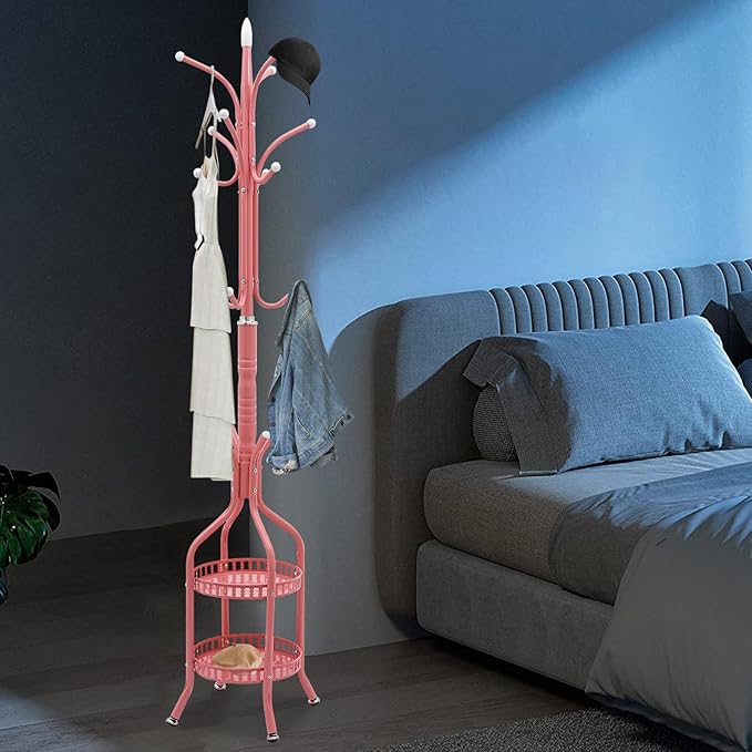 72.8in Coat Rack Freestanding 12 Hooks Coat Tree with Umbrella Holder Metal Modern Coat Hanger Stand for Entryway, Purse Rack Hat Rack Stand for Living Room Bedroom Office (Pink)