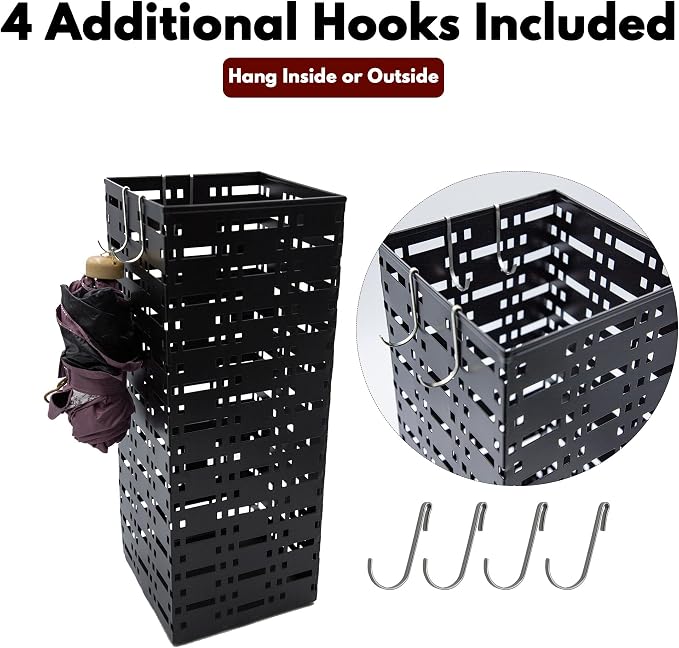 2 Pack Metal Umbrella Stand for Indoor Entry, Entryway Umbrella Holder Rack with 4 Hooks, 16.5" tall Freestanding Umbrella Storage Organizer (Square + Round)