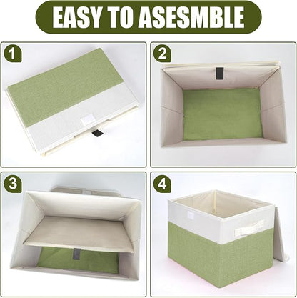 Bagnizer Large 22 Quart Linen Fabric Foldable Storage Bin Cube Organizer Basket with Flip-Top Lid & Handles, Clothes Blanket Box for Home, Office, Closet, Green & White, 4 Pack 14.6 x 9.5 x 9.5