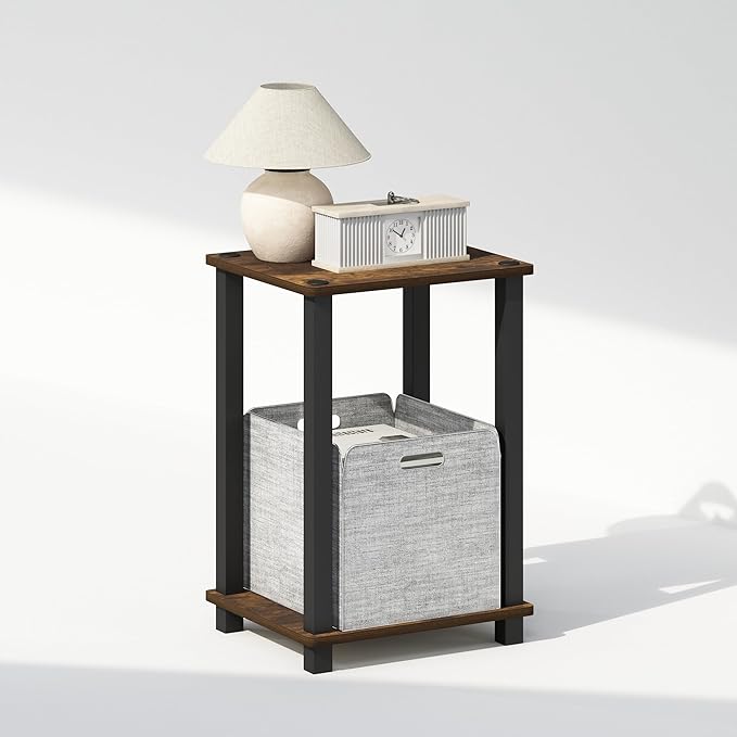 Furinno Simplistic Night Stand, 2-Tier Small Nightstand with Open Shelf, Toolless Assembly Bedside Table, End Table, Side Table, for Bedroom, Closet, Dorm, Amber Pine