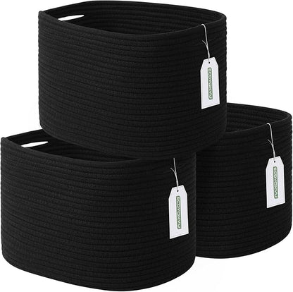 Cotton Rope Storage Basket, 15x10x9 Inches, Woven Basket for Shelves, Clothes, Towels, Books, and Laundry, Black (3 Pack)